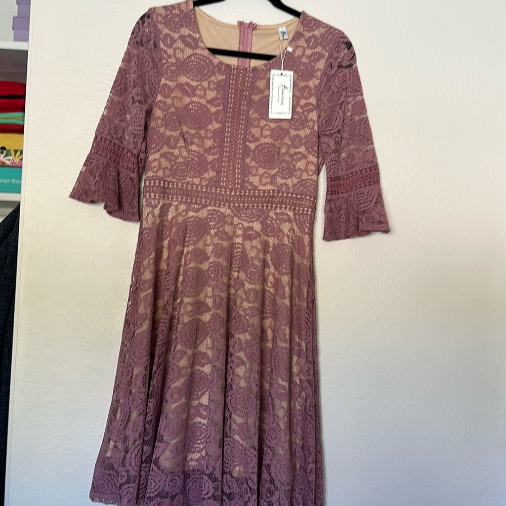 Lace dress pink purple bell sleeves small
